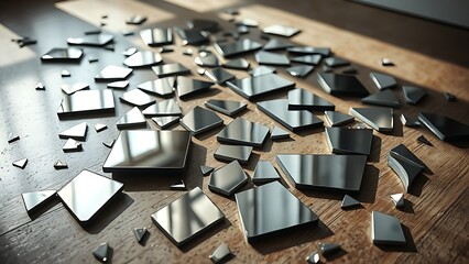 superego. Broken mirror pieces scattered on floor reflecting distorted surfaces. wellbeing guides, coaching materials, designed for coaching and self-improvement content, clarifies learning.