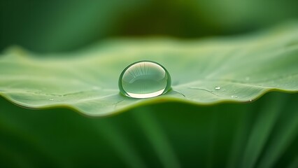 hasty. A single water droplet resting on a green lotus leaf, morning dew, macro detail. gardening catalogs, home-decor guides, designed for gardening and botanical catalogs, promotes healthy living.