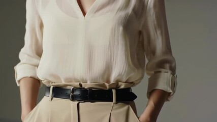 A stylish woman presents an elegant look, sporting beige trousers, a sheer white blouse, and a striking black leather belt in a minimalist studio setting.