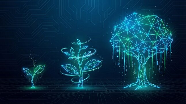 Digital wireframe of sprout, growing plant, and flourishing tree symbolizing business transformation, growth, and digital evolution.