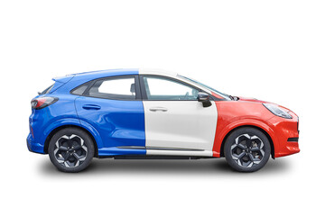 Car in red, white and blue colors like the France flag isolated on white