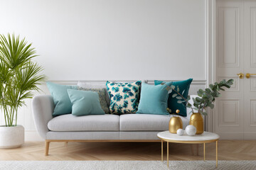 Naklejka premium 3D visualization of a modern living space with a sofa and stylish decor set against a white backdrop.