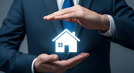 Businessman in a dark suit carefully cradles a glowing white house icon between his hands symbolizing real estate protection and secure property investment concepts