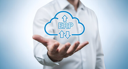 Businessman presenting cloud based erp system concept with upload and download arrows symbolizing data synchronization and modern enterprise resource planning solutions