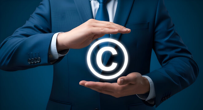 Businessman in a dark suit carefully holding and protecting a glowing white copyright symbol against a deep blue background representing intellectual property security and legal rights