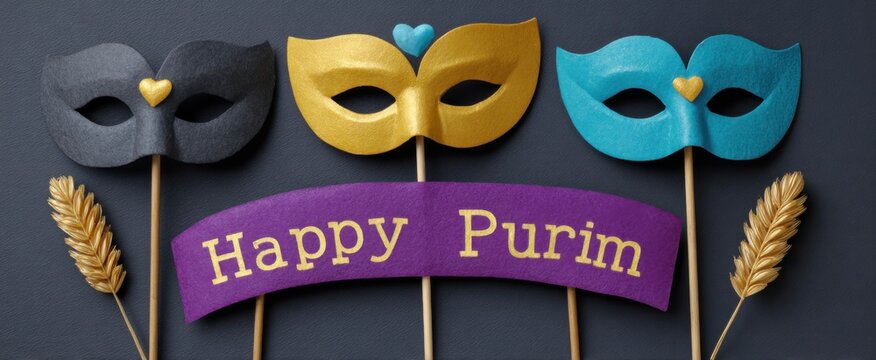 Happy Purim text with colorful masks and noisy groggers for a joyful party vibe