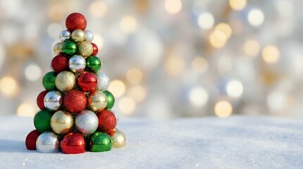 Creative Wallpaper Christmas Tree Concept Made of Colorful Baubles in Snow