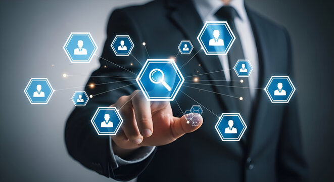 Businessman interacts with a glowing digital interface featuring interconnected human resource icons and a central magnifying glass symbolizing talent search and recruitment strategy - Powered by Adobe