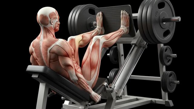 3D anatomical animation of a leg press exercise showing detailed muscle activation, biomechanics, and movement for fitness, training, and educational use.