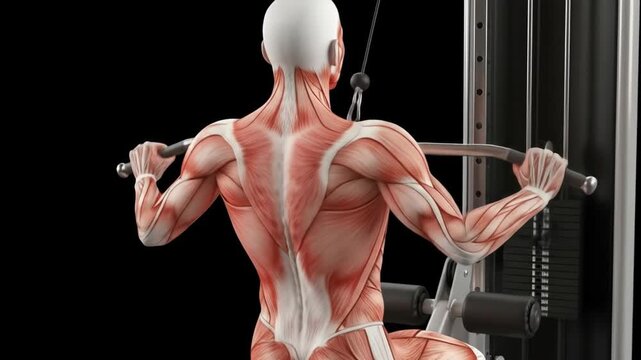 3D anatomical animation of a man performing lat pulldown, showing detailed muscle engagement and biomechanics for fitness, training, and educational use.