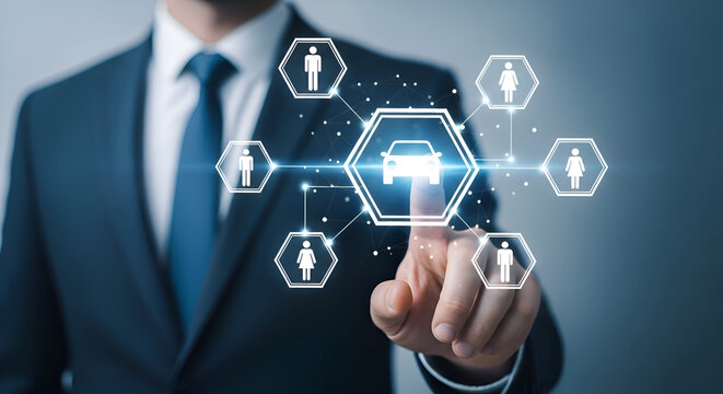Businessman interacts with a glowing digital interface connecting a central car icon with various user profiles representing automotive network management and customer service solutions - Powered by Adobe