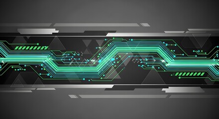 Abstract circuit board design with glowing green and blue lines