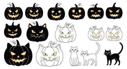 Fototapeta premium A large set of Halloween illustrations including scary carved jack-o'-lanterns black cats and cat-shaped pumpkins outlines.