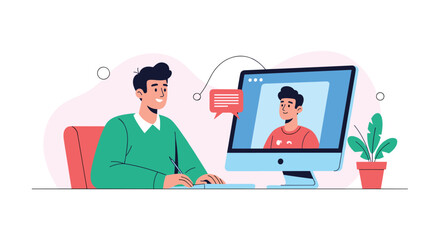 A young man sitting at his desk having a video call or online meeting with a colleague or friend on a computer screen.