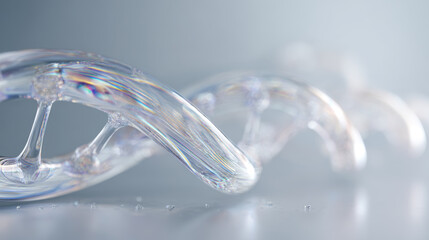 Detailed translucent DNA spiral helix floating on a blurred light-toned background, symbolizing genetics science, hereditary disease treatment and genome modification research.