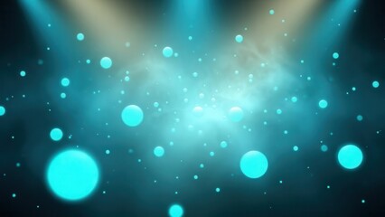 Abstract background with vibrant teal orbs shimmering and dispersing through misty light rays, perfect for modern science and technology concepts.