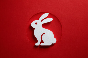 Cutout white Easter rabbit placed over a bright red festive backdrop.
