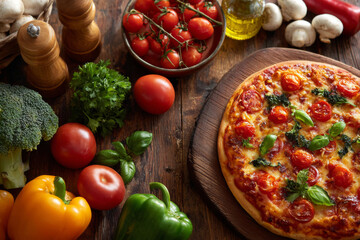 A warm, lively scene captures people enjoying a freshly baked pizza topped with basil and juicy tomatoes. Surrounded by bell peppers, broccoli, and other vegetables on a rustic wooden table, the image