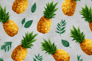 A playful, summery pattern featuring repeated pineapples on a soft gray background. Each fruit displays rich texture and vibrant green leaves, creating a fun, tropical aesthetic for decorative or