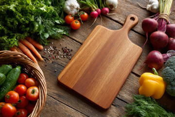 A wooden cutting board with detailed craftsmanship sits on a rough wooden table, encircled by vivid vegetables in various colors. The vibrant palette creates an energetic culinary atmosphere that