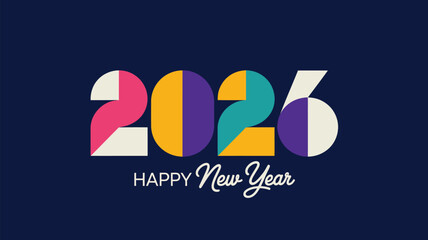 “Colorful modern 2026 typography design with bold geometric shapes and stylish Happy New Year greeting on dark background for festive celebration”