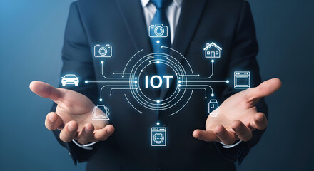 Businessman presenting the concept of the Internet of Things connecting various smart devices like cars cameras homes appliances and wearables in a digital network