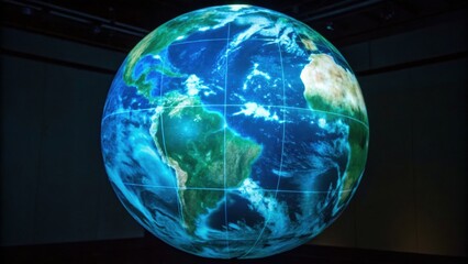 A stunning digital globe projection showcasing Earth"s continents and oceans in vibrant colors against a dark background.