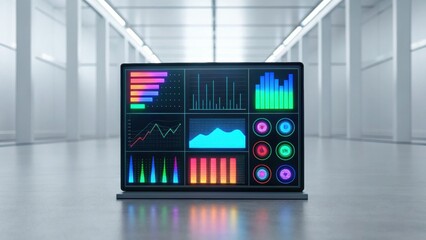 A sleek digital display showcasing various colorful graphs and statistics in a modern, minimalistic environment.