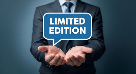 Businessman presenting a blue speech bubble with the words limited edition floating above his open hands against a dark background symbolizing exclusivity and special offers
