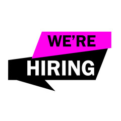 we are hiring in pink and black color in png, job vacancy badge, modern recruitment label, digital hiring sign, clean hiring alert, staffing promo icon