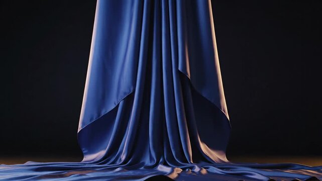 Dramatic dark backdrop with cascading blue satin fabric, glossy folds and draped puddle. velvet glow