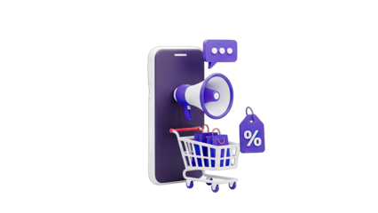 Digital Marketing and Online Shopping Promotion with Megaphone Shopping Cart and Gift Boxes on Smartphone Screen Purple Theme