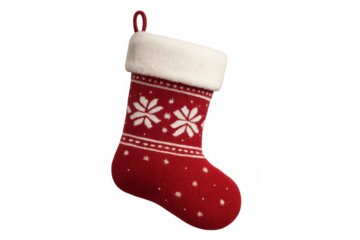 Red knitted christmas stocking with white snowflake pattern and fur cuff, preparing for holiday gifts, transparent background