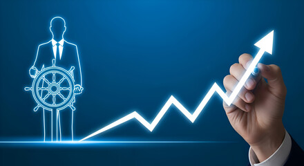 Business leader steers upward growth trajectory by drawing a bright neon arrow graph symbolizing successful strategy and future financial achievement on a dark blue background
