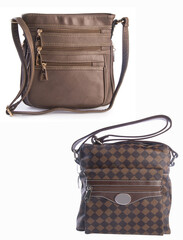 A small handbag with a textured front flap, a short shoulder strap, and a butterfly-shaped metal detail on the front.