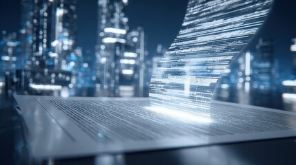 A futuristic digital representation showing data streams flowing from a page against a city backdrop, symbolizing technology and innovation.
