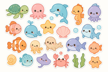 Cute cartoon marine animals sticker collection with whales, dolphins, and turtles © Nataliia