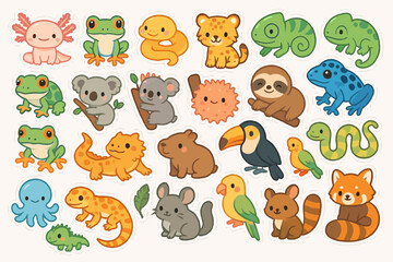 Fototapeta premium Cute cartoon animal stickers featuring frogs, koalas, and more