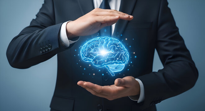 Businessman carefully cradles a glowing digital human brain hologram between his hands symbolizing intelligence protection data security and cognitive technology concepts - Powered by Adobe