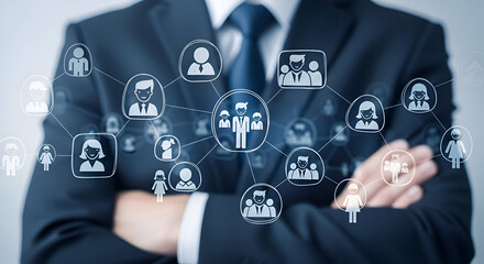 Businessman in a suit stands confidently with a glowing digital network of diverse human resource icons overlaid on his chest representing global team management and organizational structure