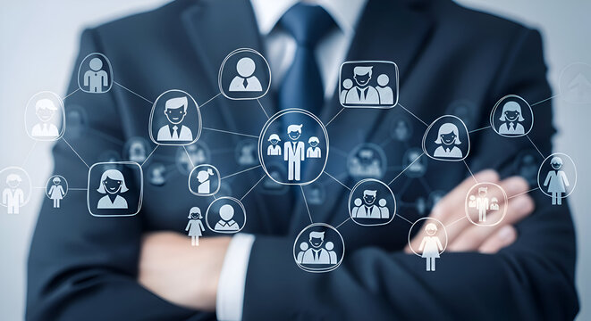 Businessman in a suit stands confidently with a glowing digital network of diverse human resource icons overlaid on his chest representing global team management and organizational structure - Powered by Adobe
