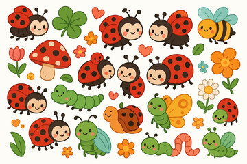 Cute cartoon ladybugs and caterpillars with flowers and mushrooms