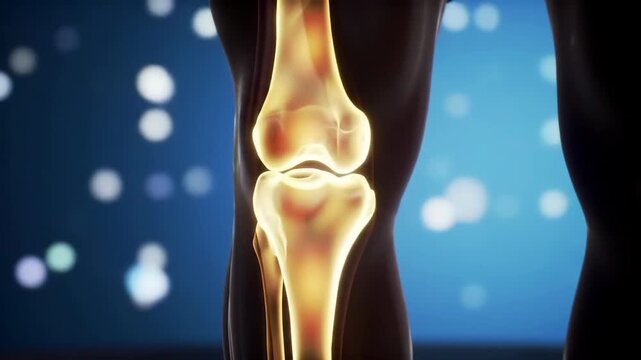 Illuminated knee joint anatomy with femur tibia patella and fibula against bokeh background in dark setting highlighting skeletal structure for medical concepts.