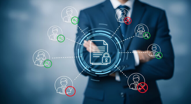 Corporate manager oversees secure document access control system granting permissions to authorized personnel while denying entry to unauthorized users in a digital network environment