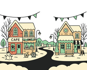 Fototapeta premium Vector illustration of an old European town street with vintage cartoon architecture and houses
