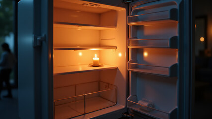 Fototapeta premium Empty open refrigerator with candle during winter power outage