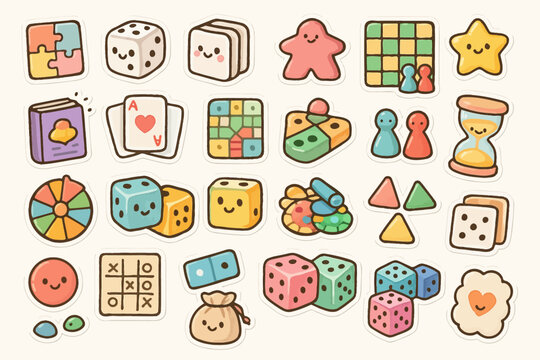 Colorful cute board game icons with smiling faces and fun designs