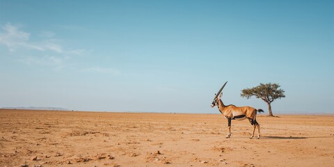 Fototapeta premium Arabian oryx in desert landscape with clear blue sky, wildlife conservation awareness