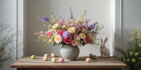 Easter home interior decoration with fresh flowers and blossoms, seasonal floral arrangement for holiday celebration