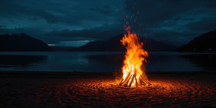 Large bonfire on a lakeshore during midsummer night gathering, outdoor social activity